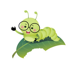 Wall Mural - Vector illustration cute cartoon caterpillar wearing glasses and showing his hand on the leaf.