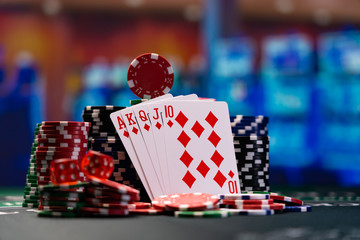 Casino table with cards and dices