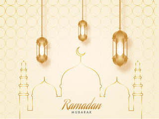 Poster - Islamic holy month of Ramdan Mubarak concept with hanging golden lanterns and line-art illustration of mosque on beige background.