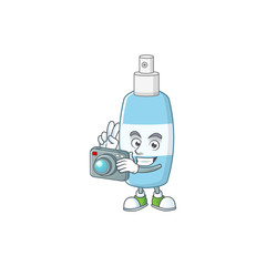 Sticker - Spray hand sanitizer photographer mascot design concept using an expensive camera