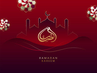 Wall Mural - Arabic calligraphic golden text Ramadan Kareem, mosque and floral patterns on red background for Islamic holy month of prayers concept.