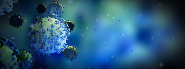 Aufkleber - Microscopic close-up of the covid-19 disease. Coronavirus illness spreading in body cell. 2019-nCoV analysis on microscope level 3D rendering
