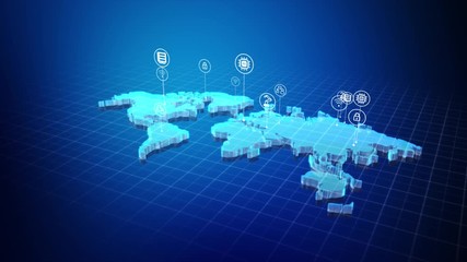 Poster - 3d world map and internet of things icons in a hexagon shape, for cyber futuristic network and innov