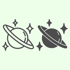 Poster - Saturn line and solid icon. Planet with stars in space outline style pictogram on white background. Universe and astronomy signs for mobile concept and web design. Vector graphics.