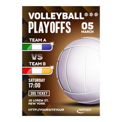 Sticker - Volleyball Sport Event Promotional Poster Vector. Volleyball Game Ball On Bright Advertising Announcement Banner. Seacoast Area Beach Playing Team Sporty Match Colored Concept Layout Illustration