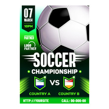 Soccer Sport Championship Final Game Poster Vector. Soccer Gaming Ball On Advertising Promotion Banner. Active Football Player Kicker Sportlife Style Colorful Concept Mockup Illustration