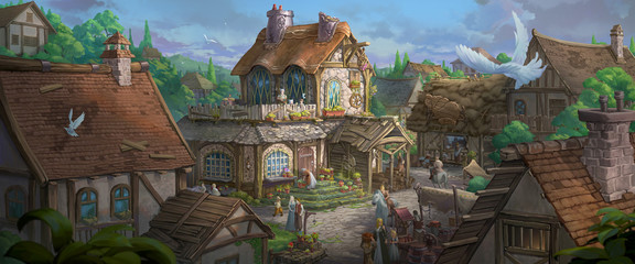 an illustration of the small medieval fantasy garden house in a town.