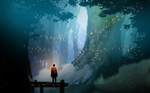 Digital Illustration Painting Design Style Man Standing On The Pier Against  Flyflies And Big Trees.