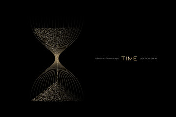 hourglass from gold light particles flowing isolated on black background. vector illustration in con