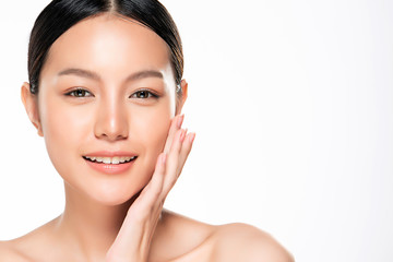 Wall Mural - Beautiful Young Asian Woman with Clean Fresh Skin. Face care, Facial treatment, Cosmetology, beauty and healthy skin and cosmetic concept, woman beauty skin isolated on white background