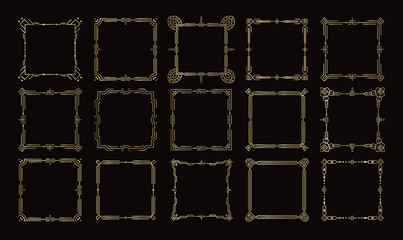 Poster - Golden frames, victorian geometric borders set, royal vector corners and lines on black background
