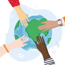 Four Hands Of Different Nationalities Touch The Planet Earth. Banner Concept Of Care For Nature, The Environment, And Ecology. Global Environmental Problems And Their Solution. Vector Illustration.