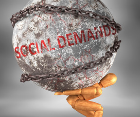 Social demands and hardship in life - pictured by word Social demands as a heavy weight on shoulders to symbolize Social demands as a burden, 3d illustration