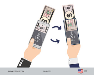 Online money transfer with two hands holding smart phones. 50 US Dollar banknote with gold coins. Flat style vector illustration.