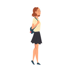 Wall Mural - Young Woman in Casual Clothes Walking with Bag, Girl Travelling and Sightseeing on Vacation Vector Illustration