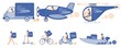 Online delivery service concept set, online order tracking, delivery home and office. Warehouse, truck, plane, boat, copter, scooter and bicycle courier, delivery man in respiratory mask. Vector.