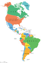 The Americas, Single States, Political Map With National Borders. Caribbean, North, Central And South America. Different Colored Countries With English Country Names. Illustration Over White. Vector.
