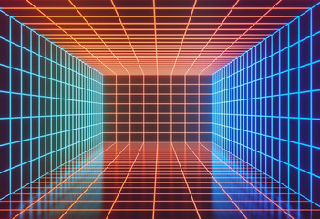Poster - glowing Neon Lights Futuristic Sci Fi Empty Space room interior. 3d rendering