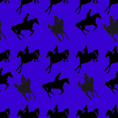 Wall Mural - silhouettes of sports horses and riders isolated on a blue seamless background, pattern for decoration, Equestrian sports, show jumping