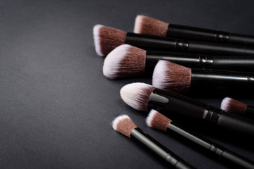 Wall Mural - Set of flat top view of various professional female cosmetics brushes for makeup and eyelash brush isolated on black background, Cosmetics concept, Make up concept, Copy space image for your text.