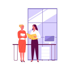 Wall Mural - Business women. Vector illustration of two women talking in the office. Isolated on background.