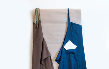 delivery service note two apron shipment blue brown wall pocket