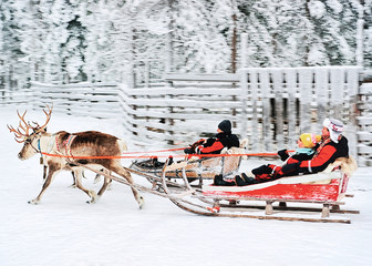 Sticker - People in Reindeer Sleigh in Snow Forest Rovaniemi Finland Lapland