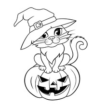 Halloween Cat In A Witch Hat Sitting On Halloween Pumpkin. Black And White Illustration For Coloring Book