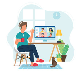 Wall Mural - online meeting via group call. man talking to friends in video conference. vector illustration in fl
