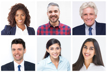 Positive Successful Diverse Businesspeople Corporate Portrait Set. Smiling Men And Women Of Different Ages And Races Multiple Shot Collage. Business People And Job Concept
