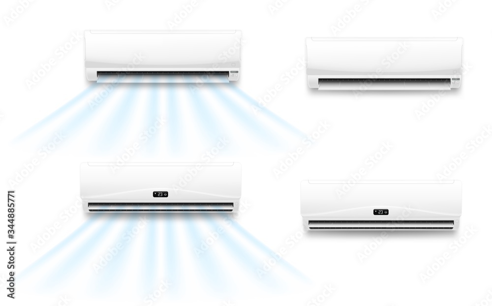 Air conditioner vector mockups with cold or hot wind flow. Realistic air conditioning split system indoor units with opened horizontal louvers and display panels, climate control for home or office - obrazy, fototapety, plakaty 