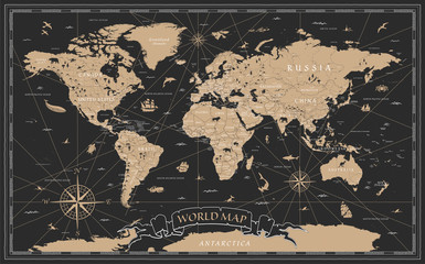 Canvas Print - World Map Vintage Black Golden Detailed - Vector