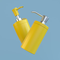 Two Yellow jars of liquid soap on a blue background. 3d render. 3d icon