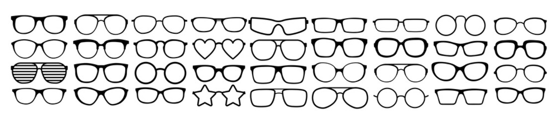 Many types of glasses. Fashion collection set glasses isolated. Vector illustration. Glasses icons frames silhouettes.