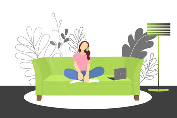 Vector illustration with a girl sitting on a sofa and listening to music.Girl at home listening to an audio lesson from a laptop . Poster motivating to listening to music. For sites, articles, posters