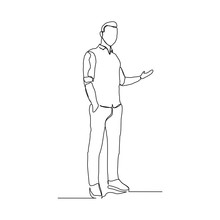 Continuous Line Drawing Of Standing Business Man Show Presentation Gesture. Vector Illustration