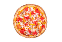 Mexican Pizza, With Meat, Sweet And Hot Peppers, Sliced Tomatoes, Mozzarella Cheese, Homemade, Rustic, Handmade, On An Isolated White Background