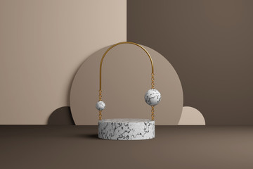 Poster - 3d rendering light marble pedestal of product presentation on a background of geometric interior design light and dark brown color and round elements. Golden arch with ball decorate abstract podium.