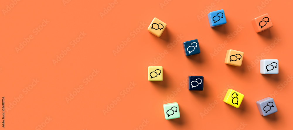 many cubes with speech bubble icons on orange background - obrazy, fototapety, plakaty 