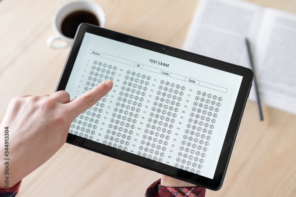 Student Test Website Online exam. Woman student testing exercise. Examination test on the ...