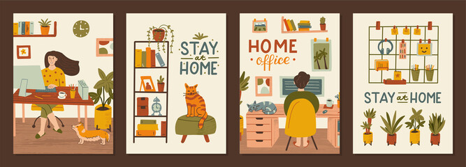 Poster - set of postcards stay at home. work and rest at home. remote work concepts. hand drawn illustrations