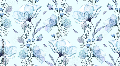 Watercolor floral seamless pattern. Big blue roses and bell flowers on turquo...