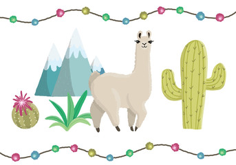 Cute cartoon llama alpaca vector graphic design set. Hand drawn llama character illustration and cactus elements for nursery design, poster, greeting, birthday card, baby shower design and party decor