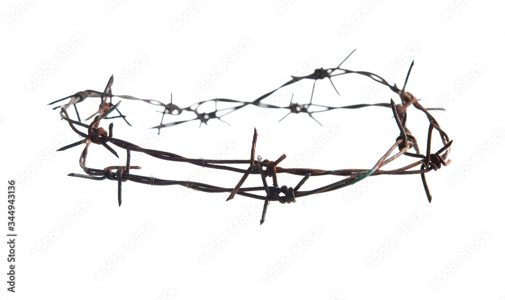 Old rusty barbed wire circle isolated on white background - obrazy, fototapety, plakaty 