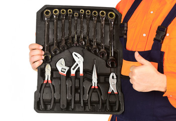 Really good tools. Handyman concept. Professional equipment. Toolbox talk. Mechanic Tool Box. Man in uniform carries toolbox white background. Worker repairer repairman handyman carrying toolbox