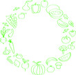 Fruits and vegetables drawn in green outline in doodle style for kids coloring. Vector beautiful illustrations - tomato, apple, pepper, salad and other ingredients for cooking vegetarian dishes.