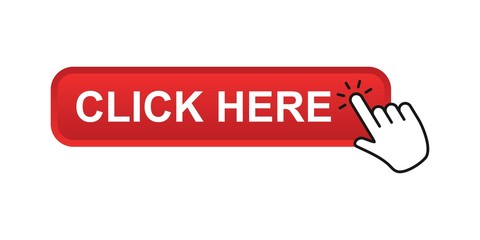 Click here red button with hand clicking, flat Finger cursor isolated on white background. Click button for app and web design, vector icon illustration