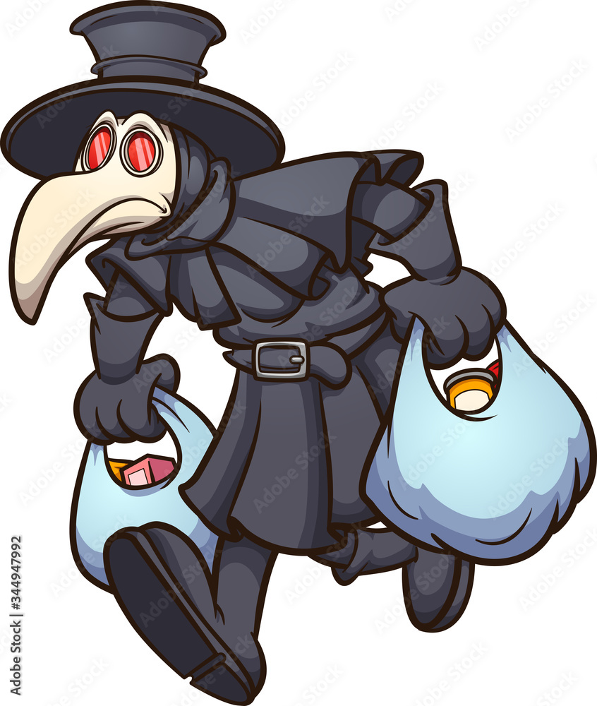 Medieval plague doctor carrying two big shopping bags. Vector cartoon ...