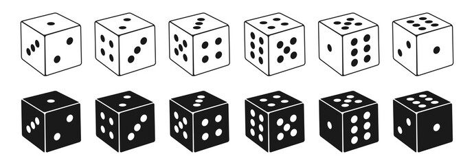 Wall Mural - collection of isometric dice icons in thin line style and silhouette, Gambling vector Illustration.