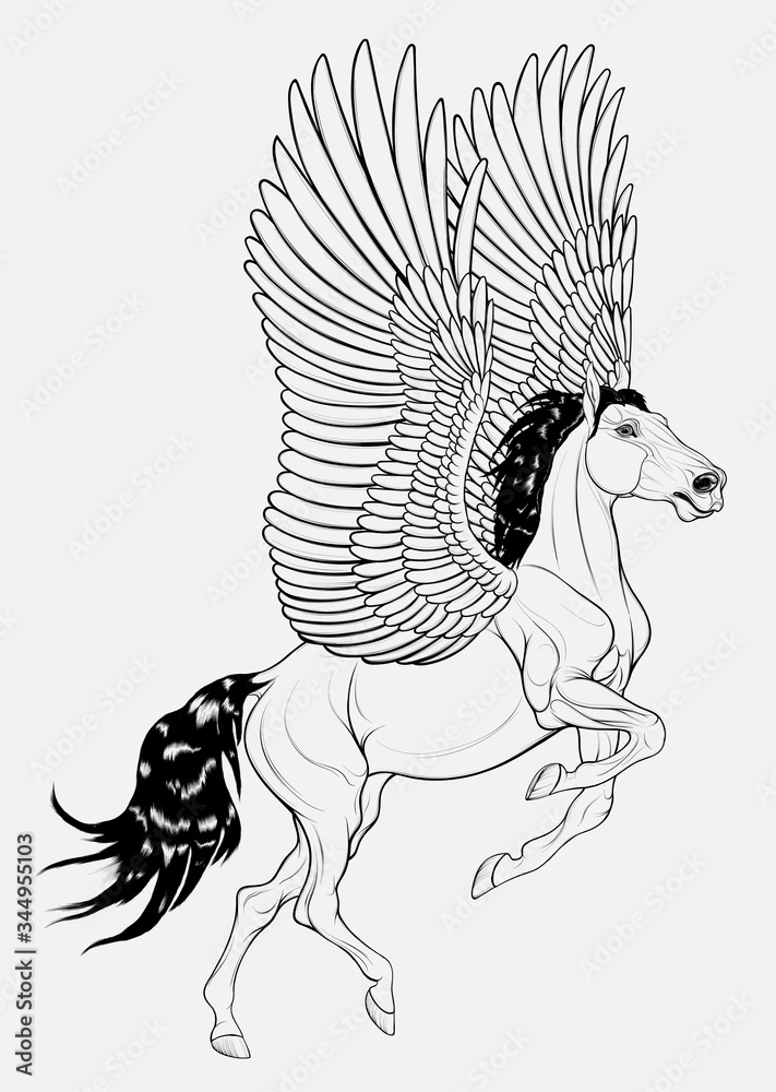 Pegasus reared and flaps its wings, preraring for flight. Prancing ...